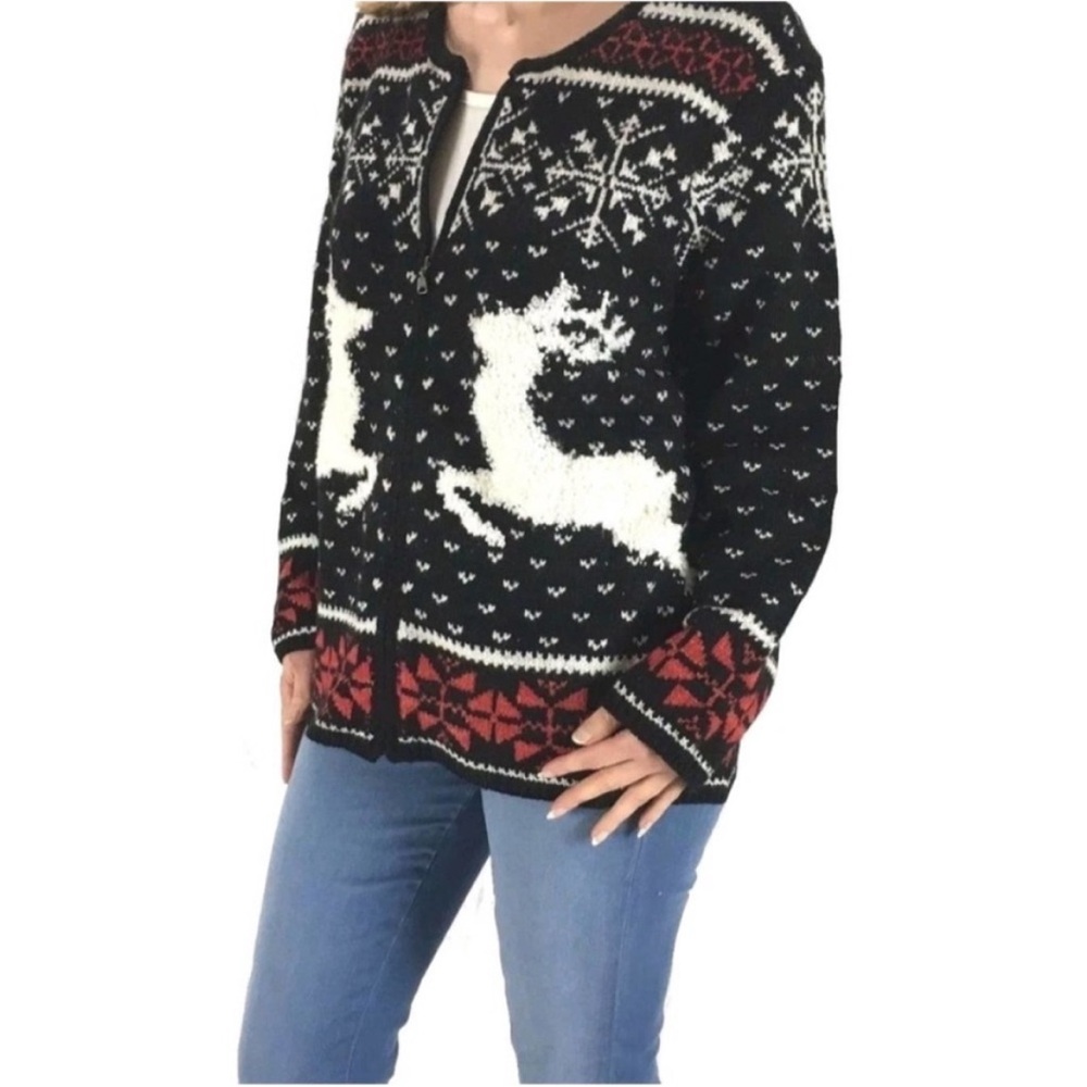 J. Jill Wool Blend Reindeer Christmas Winter Nordic Cardigan Sweater NWT Size S